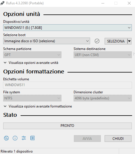 Installazione Windows 11 USB con Rufus