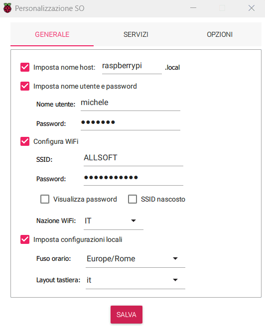 Preferenze installazione Raspberry Pi OS