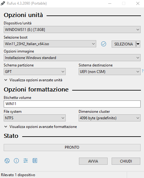 Rufus portable: installazione Windows 11 da USB di boot