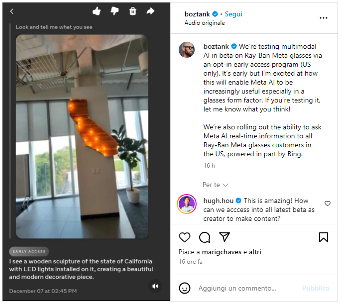Ray-Ban Meta Smart Glasses - Demo CTO Meta su Instagram