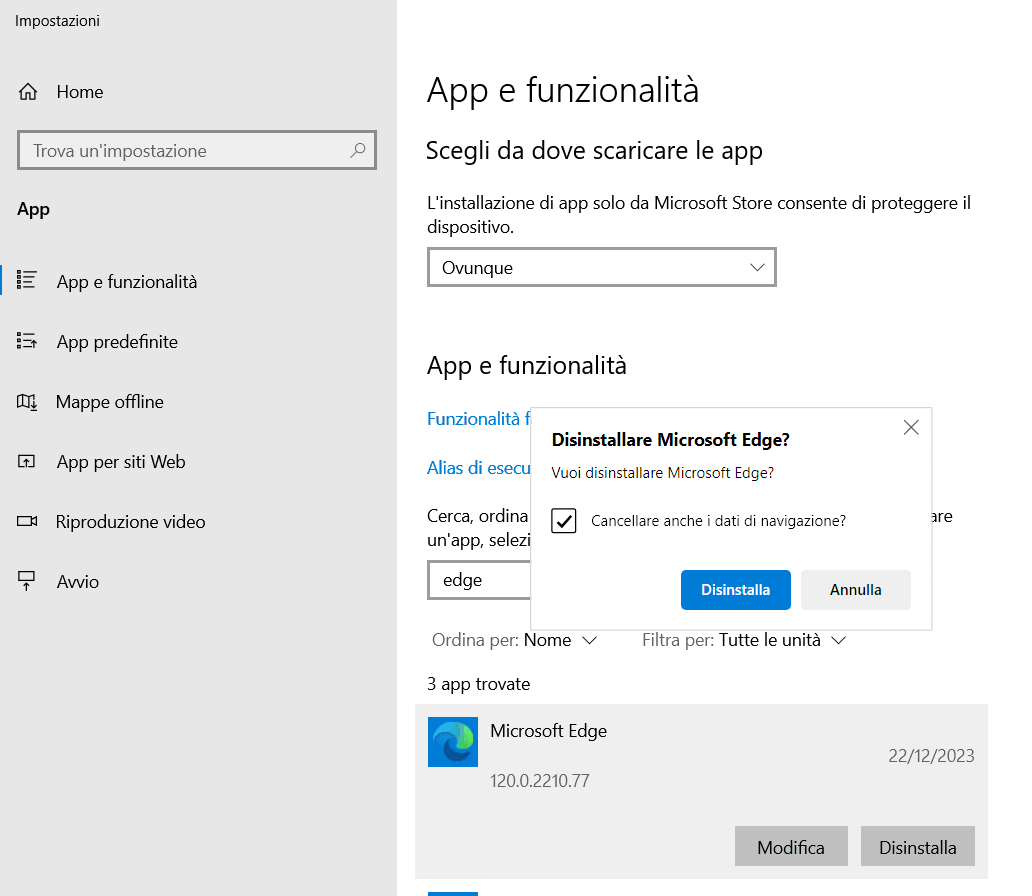 Disinstallare Edge dalla finestra di sistema di Windows 10 e 11
