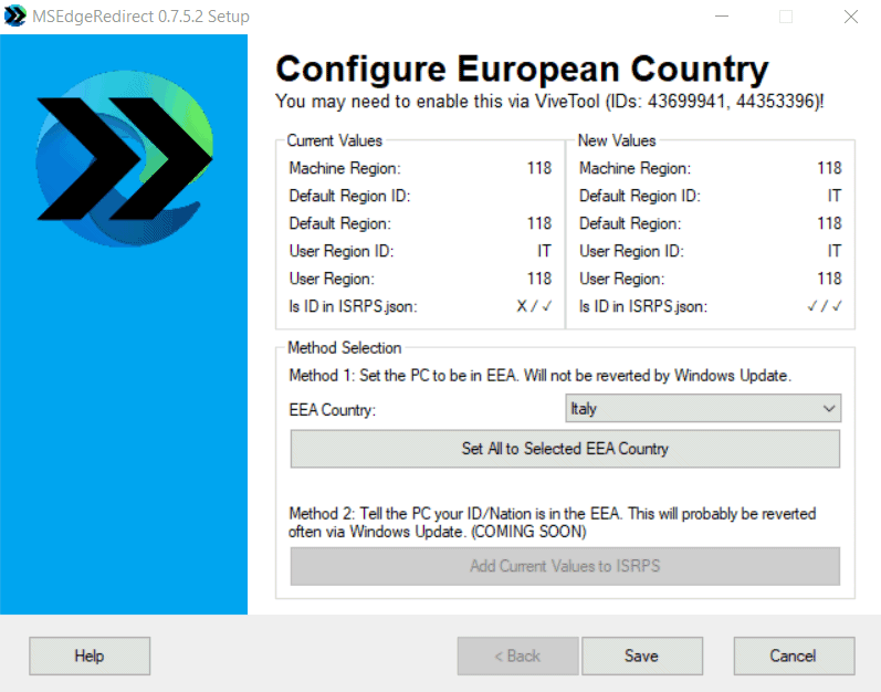 Selezione Italia come Paese europeo per disinstallare Edge