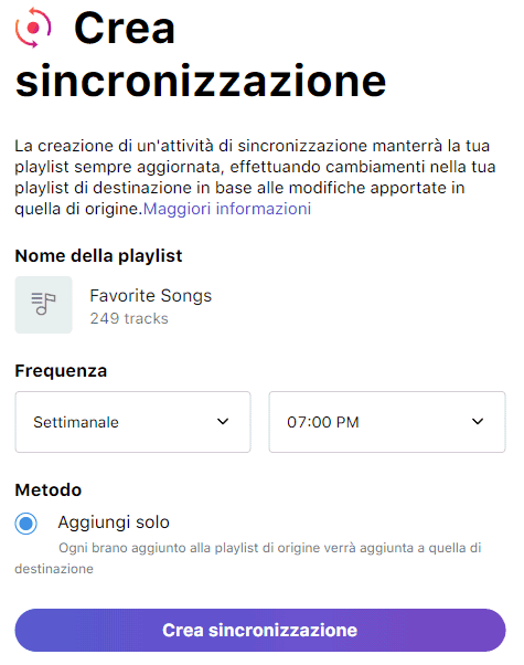 Sincronizzazione playlist piattaforme streaming musicale