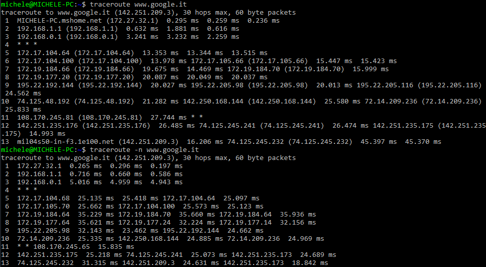 Traceroute Linux finestra terminale