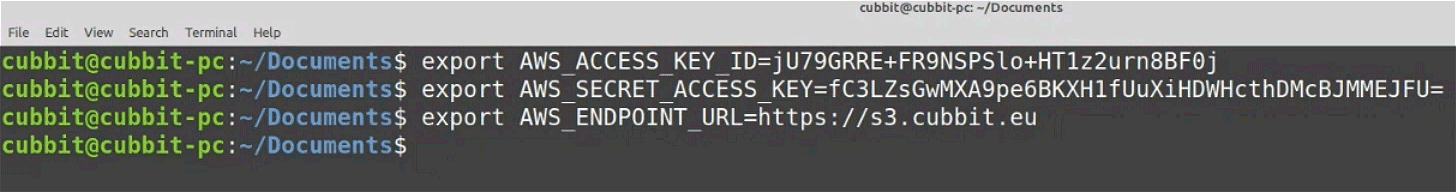 Cubbit: variabili d'ambiente AWS CLI
