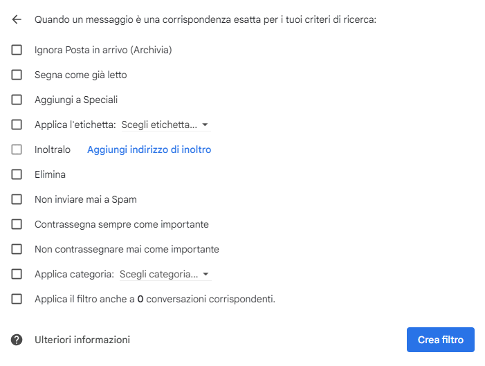 Condizioni filtro messaggi Gmail