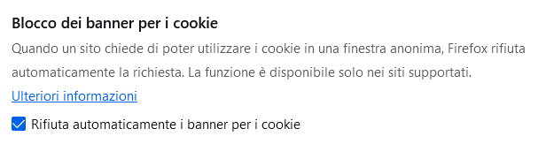 Cookie banner Firefox, blocco automatico