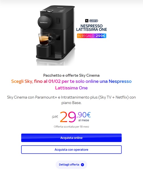 sky offerta 2024 nespresso lattissima one