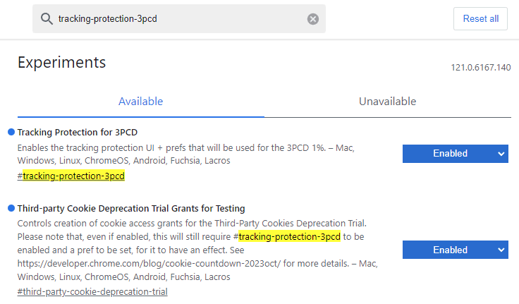 Attivazione blocco cookie terze parti Chrome flags
