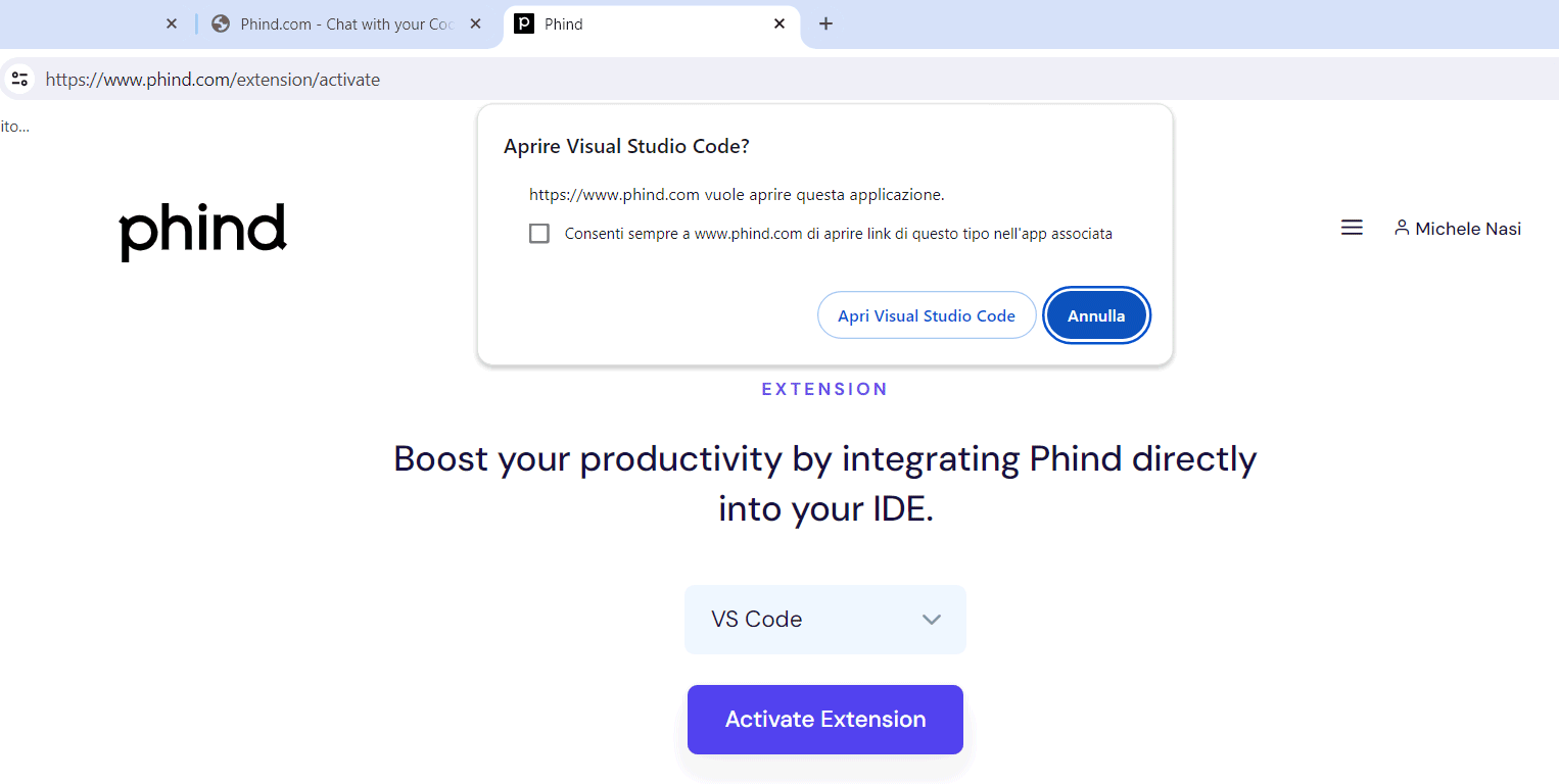 Generare codice programmazione con Phind e VS Code