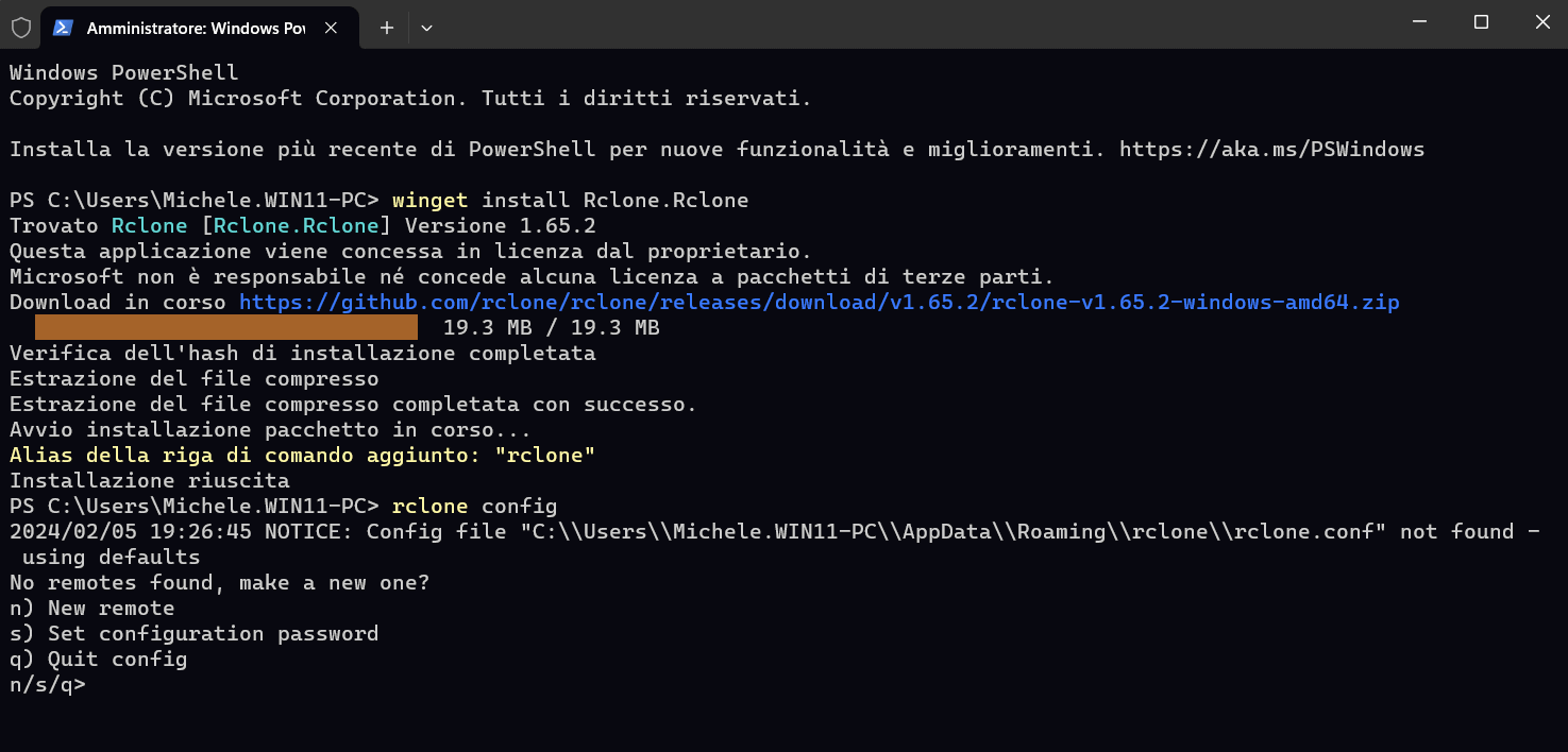 rclone: installazione in Windows con PowerShell