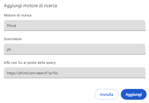 Aggiungere motore ricerca Phind Google Chrome