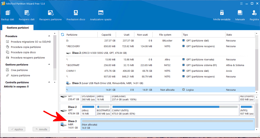 Recupero chiavetta USB con MiniTool Partition Wizard