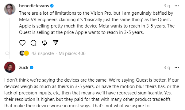 Commento Apple Vision Pro - Mark Zuckerberg