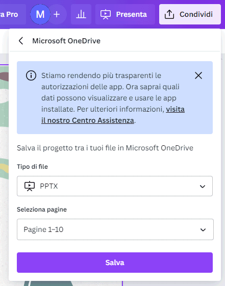 Condivisione PPTX su OneDrive da Canva
