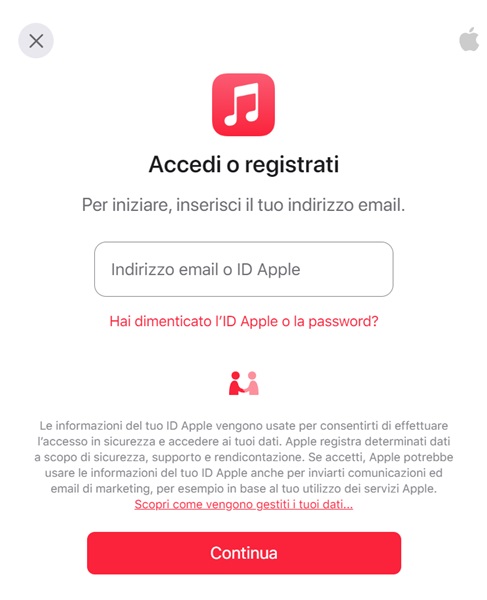 apple music registrazione account
