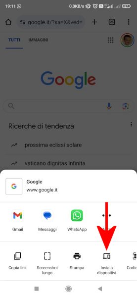 Condivisione schede aperte Chrome Android