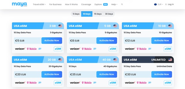 maya mobile piani esim usa