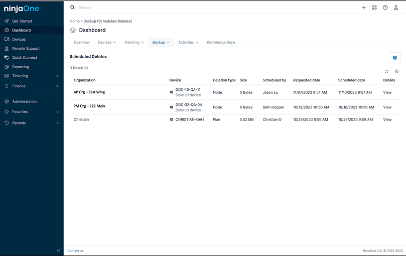 NinjaOne Backup, la pagina delle eliminazioni pianificate