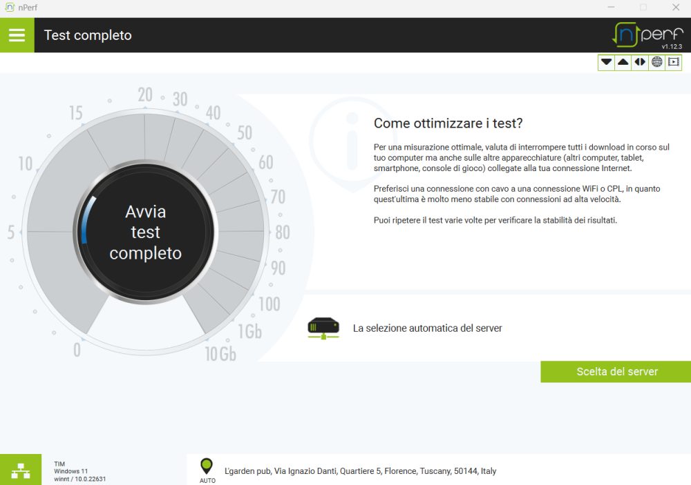 nPerf destkop: schermata principale