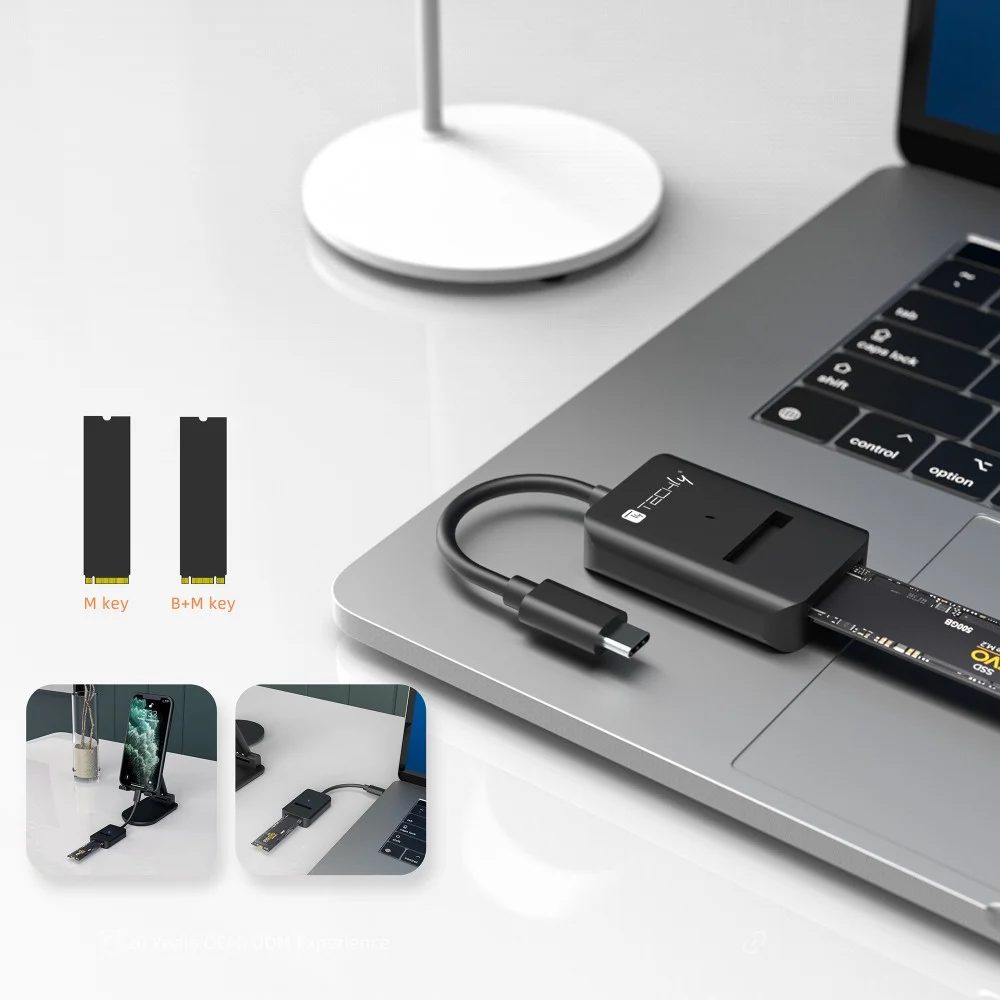 Adattatore USB-A/USB-C Per SSD NVMe/SATA M.2 – Lettore SD/TF, Velocità 10 Gbps, Chip 9210B