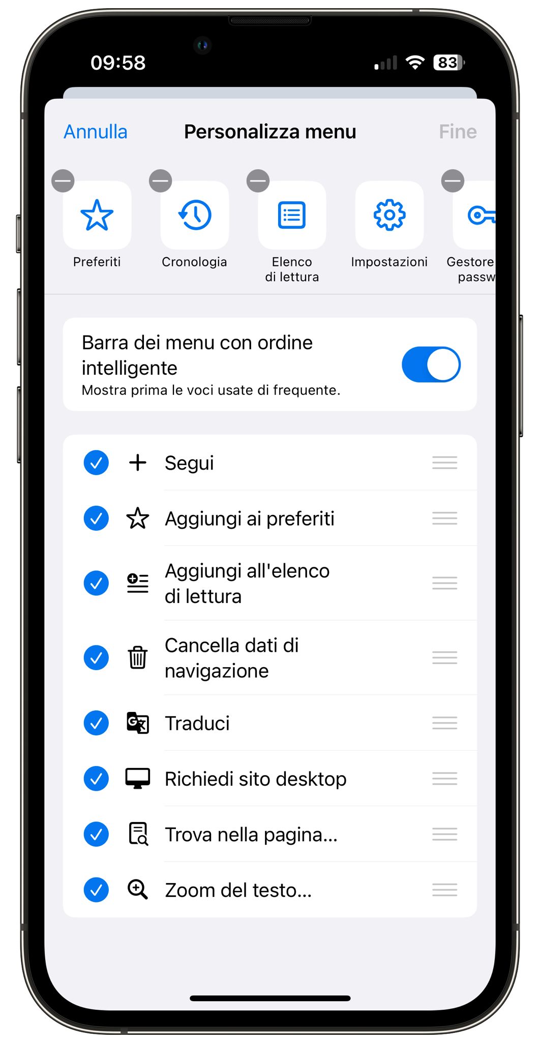Google Chrome su iPhone - Barra menu
