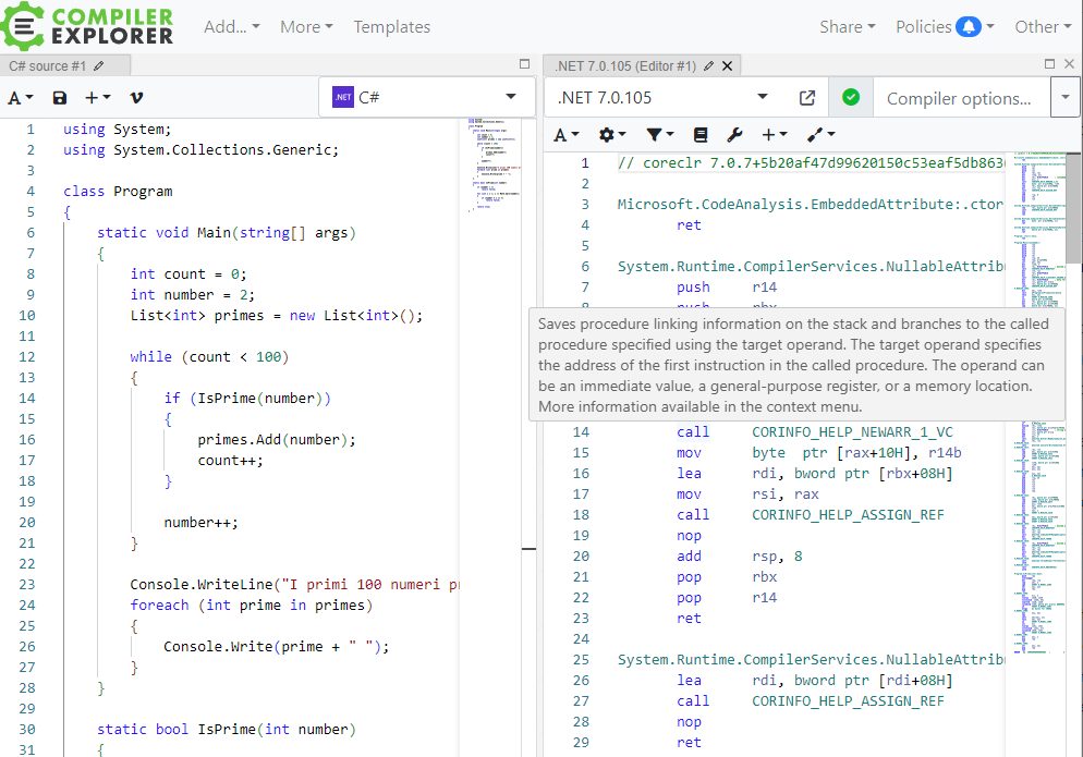 Funzionamento Compiler Explorer