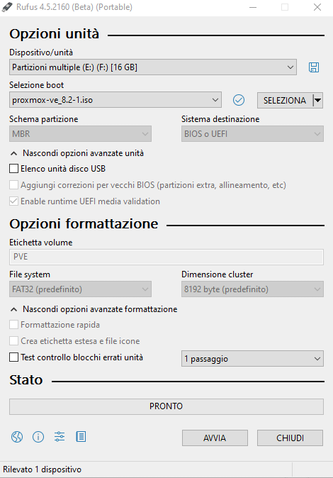 Proxmox creazione unità USB avviabile