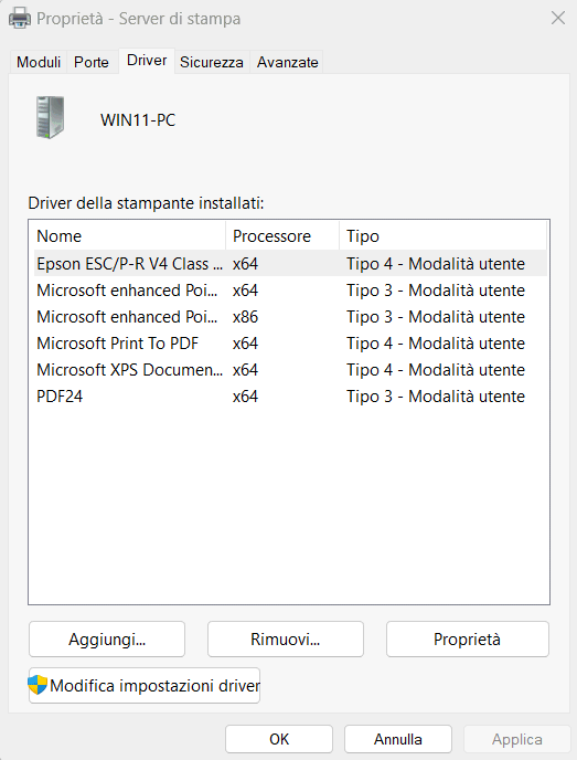 Rimozione driver stampante e reinstallazione Windows 11