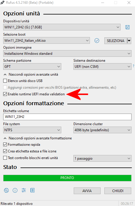 Rufus: validazione integrità supporto USB UEFI runtime