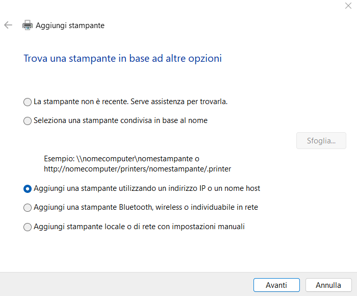 Trovare stampante di rete
