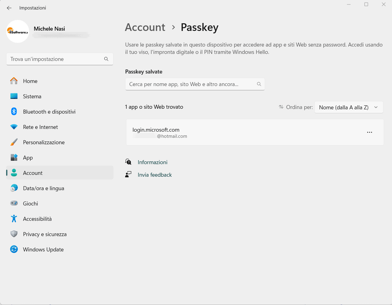 Gestione Passkey Windows 11