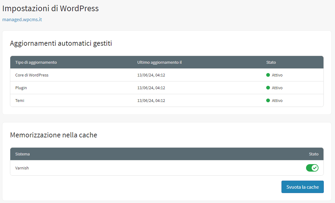 Aggiornamenti Hosting WordPress Gestito