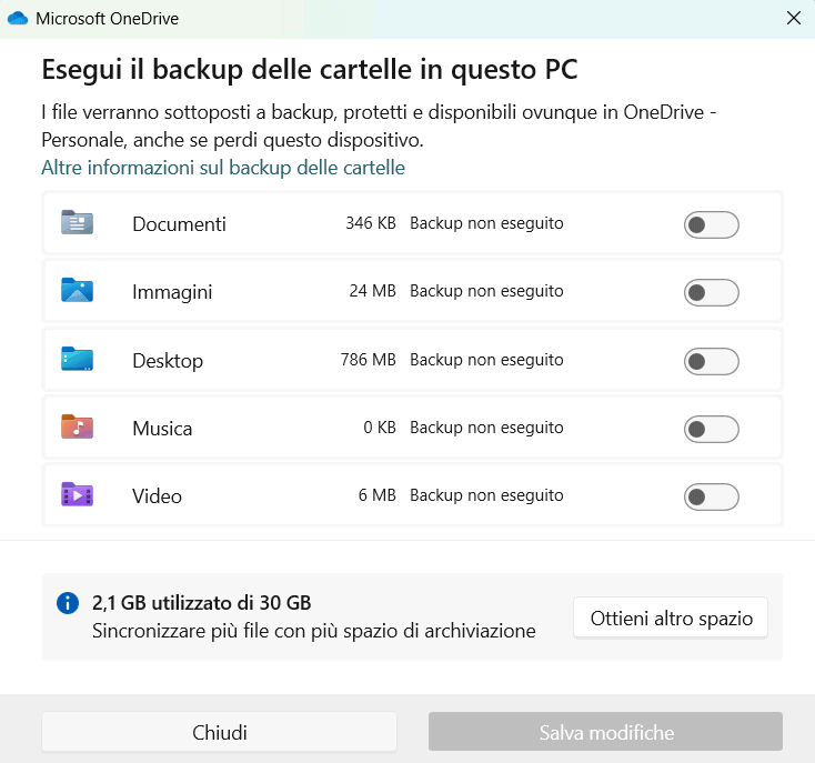Disattivare backup OneDrive Windows 11