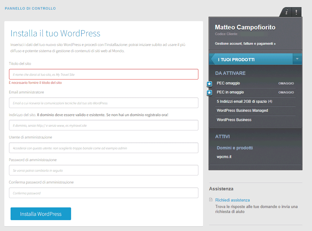 Configurazione hosting WordPress Register.it