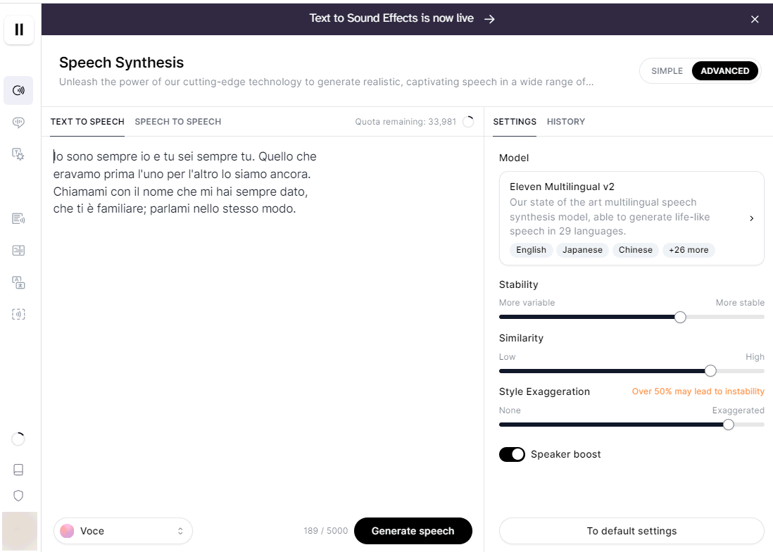TTS modello vocale: opzioni disponibili