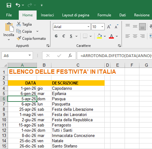 Elenco festività italiane su foglio Excel 2026