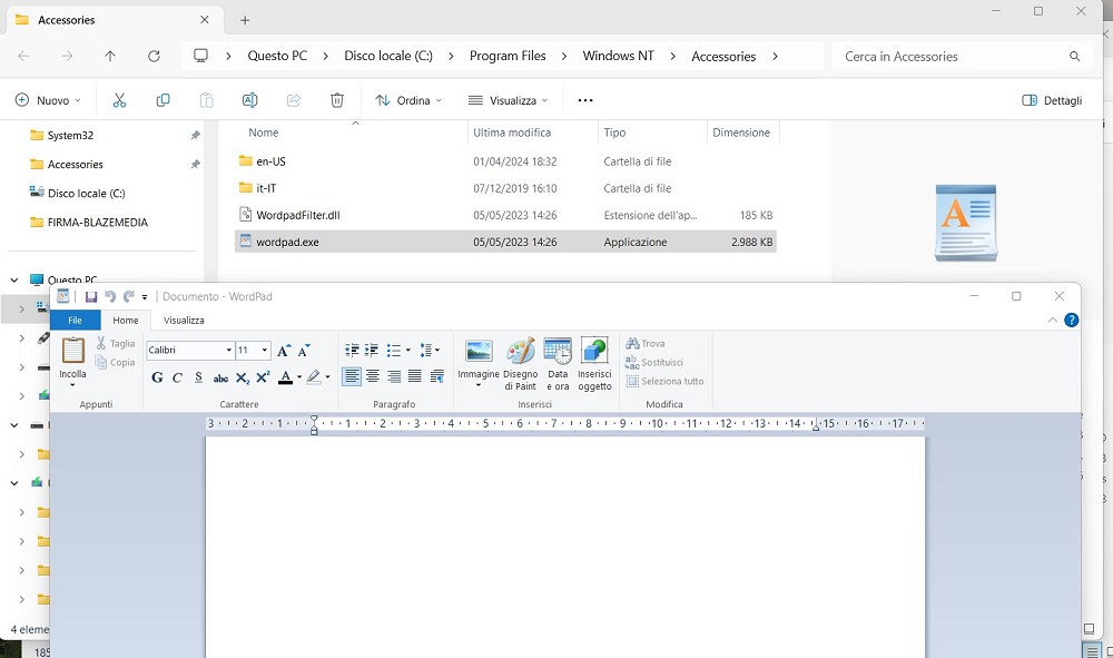 WordPad in esecuzione su Windows 11