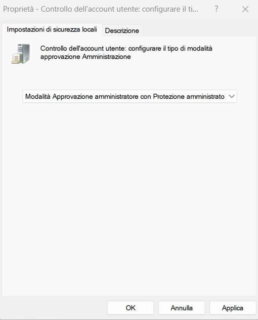 Attivazione Protezione amministratore Windows 11 25H2