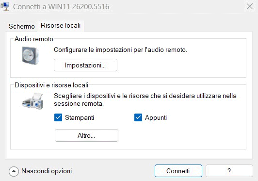 Dispositivi e risorse locali Hyper-V