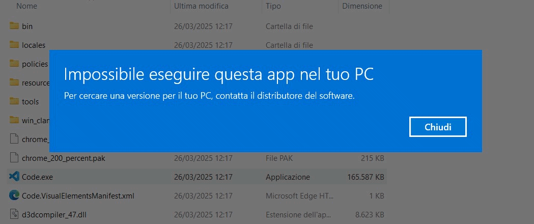 Errore Impossibile eseguire questa app nel tuo PC