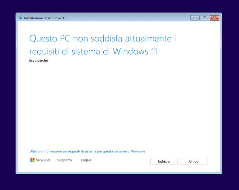 Requisiti installazione Windows 11 non soddisfatti