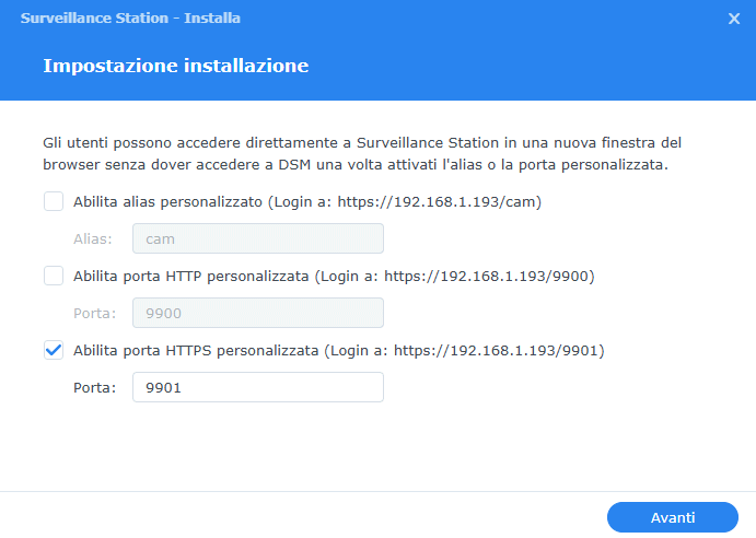 Configurazione indirizzo Surveillance Station