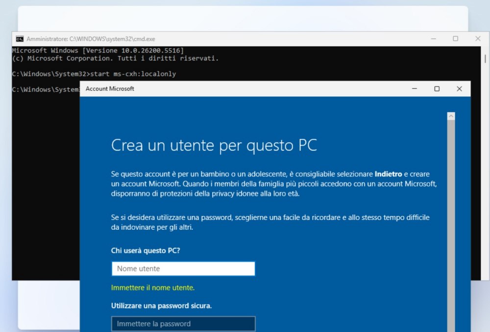 Configurazione account locale con Windows 11