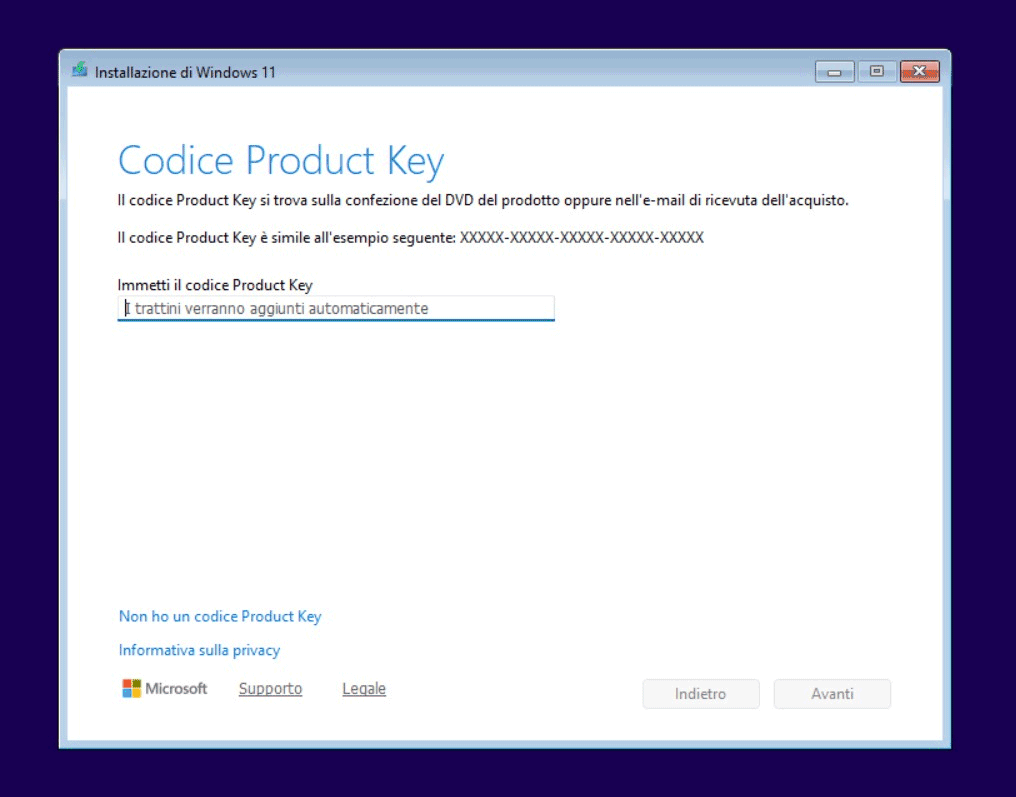 Inserimento Product Key installazione Windows 11