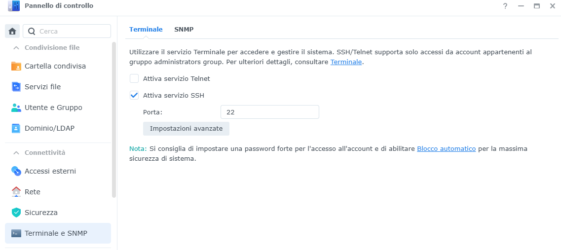 Accesso SSH NAS Synology