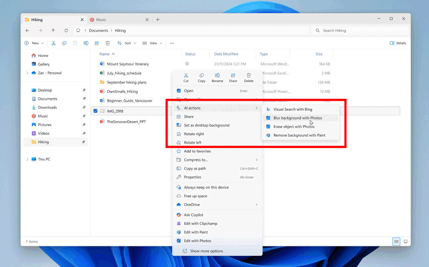 AI Action Esplora file Windows 11