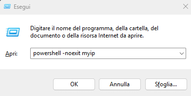 Avvio comando myip su Windows con Esegui
