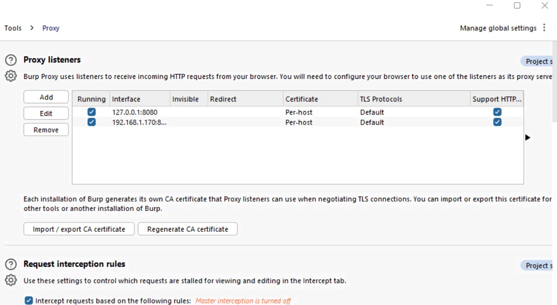 Configurazione interfaccia rete Burp Suite