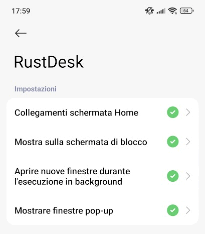 Configurazione permessi avanzati RustDesk Android